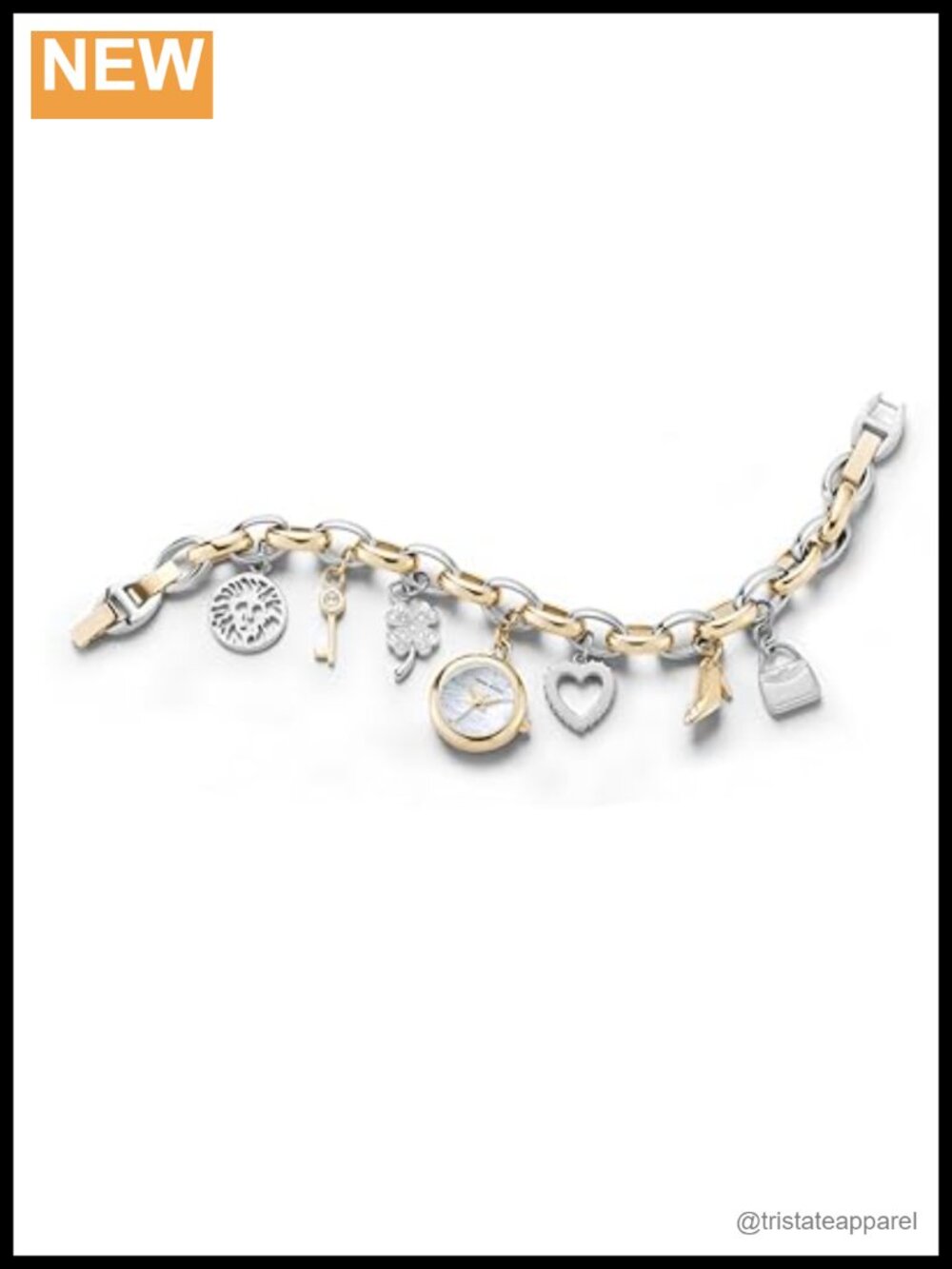 Crystal Accented Charm Bracelet Watch Gold Tone Chain Dangling Dial